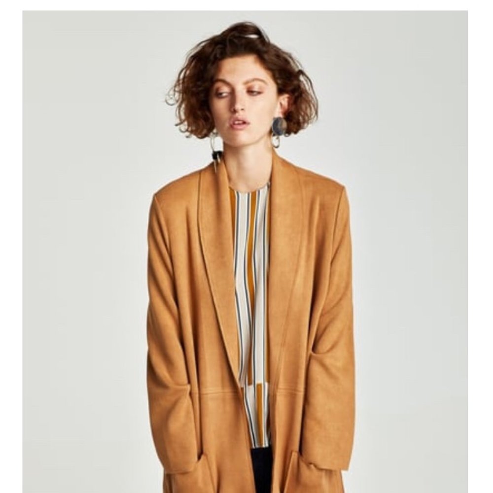 Zara Faux Suede Camel Longline Open Coat, S
